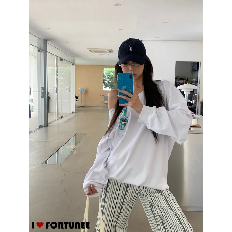 fortunee  原创刺绣秋冬宽松百搭白色打底衫长袖T恤内搭斜肩上衣