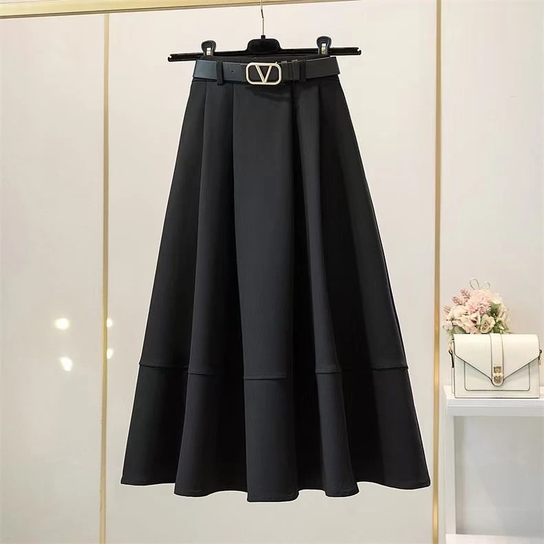 西装半身裙女春秋口袋百褶裙2023新款高腰A字裙中长款伞裙长裙潮