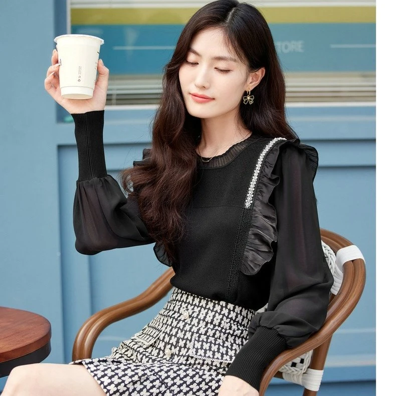 荷叶边气质拼接上衣春季法式长袖设计感显瘦时尚百搭减龄洋气打底