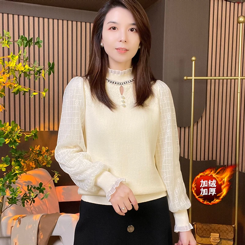 一体加绒加厚冬季毛衣半高领长袖拼接蕾丝百搭钉珠修身保暖针织衫