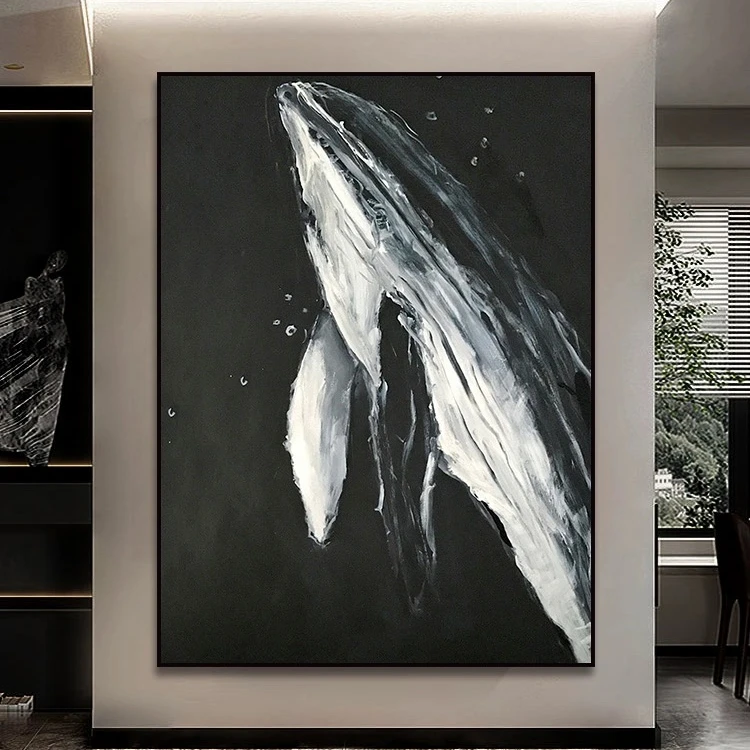 纯手绘油画抽象鲸鱼玄关装饰画现代简约客厅沙发背景墙挂画150100