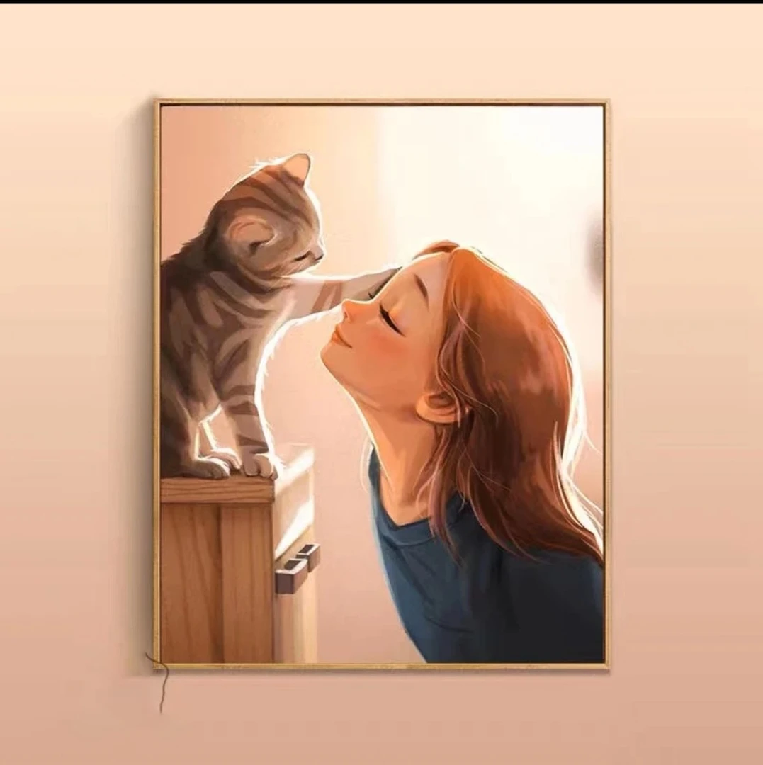 现代简约治愈女孩猫咪可爱人物卧室童房装饰画北欧客厅壁画5070