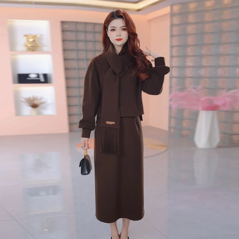 【三件套】冬季时尚修身轻奢气质洋气休闲收腰显瘦减龄女装围巾套裙