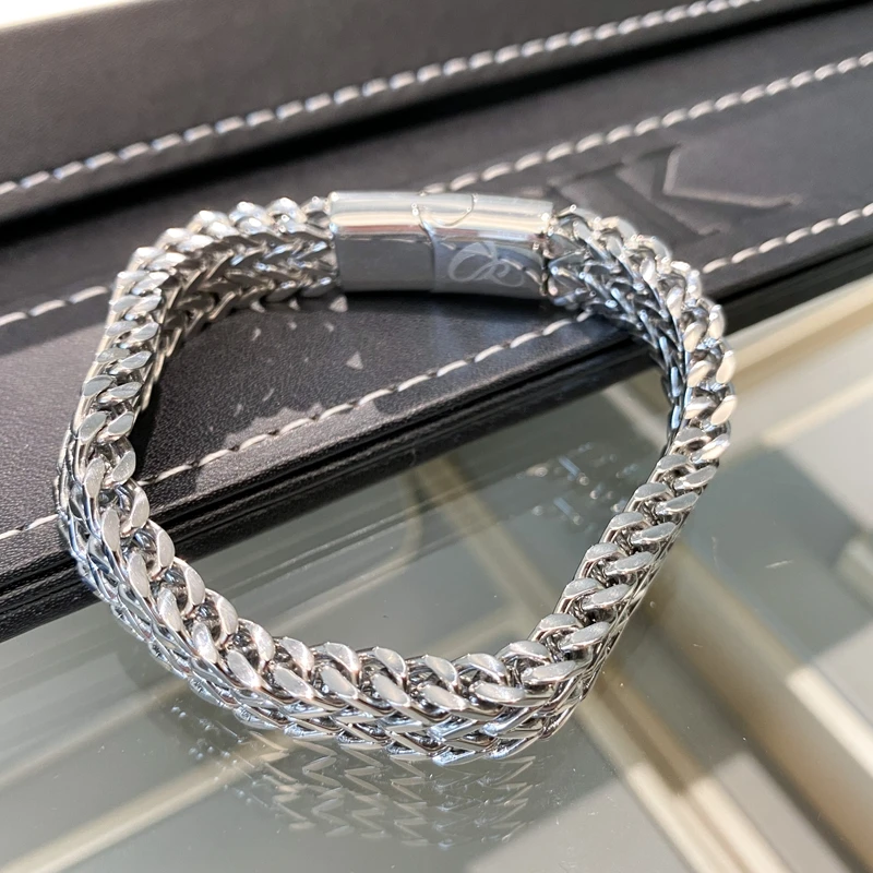 CK 钛钢手链 小众设计双排龙骨手环男女潮人原创双层古巴手链