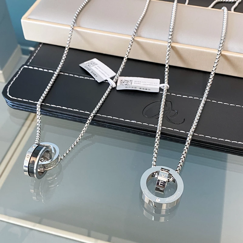 CK 钛钢项链 双环项链简约嘻哈吊坠圆环毛衣链百搭首饰男友礼物