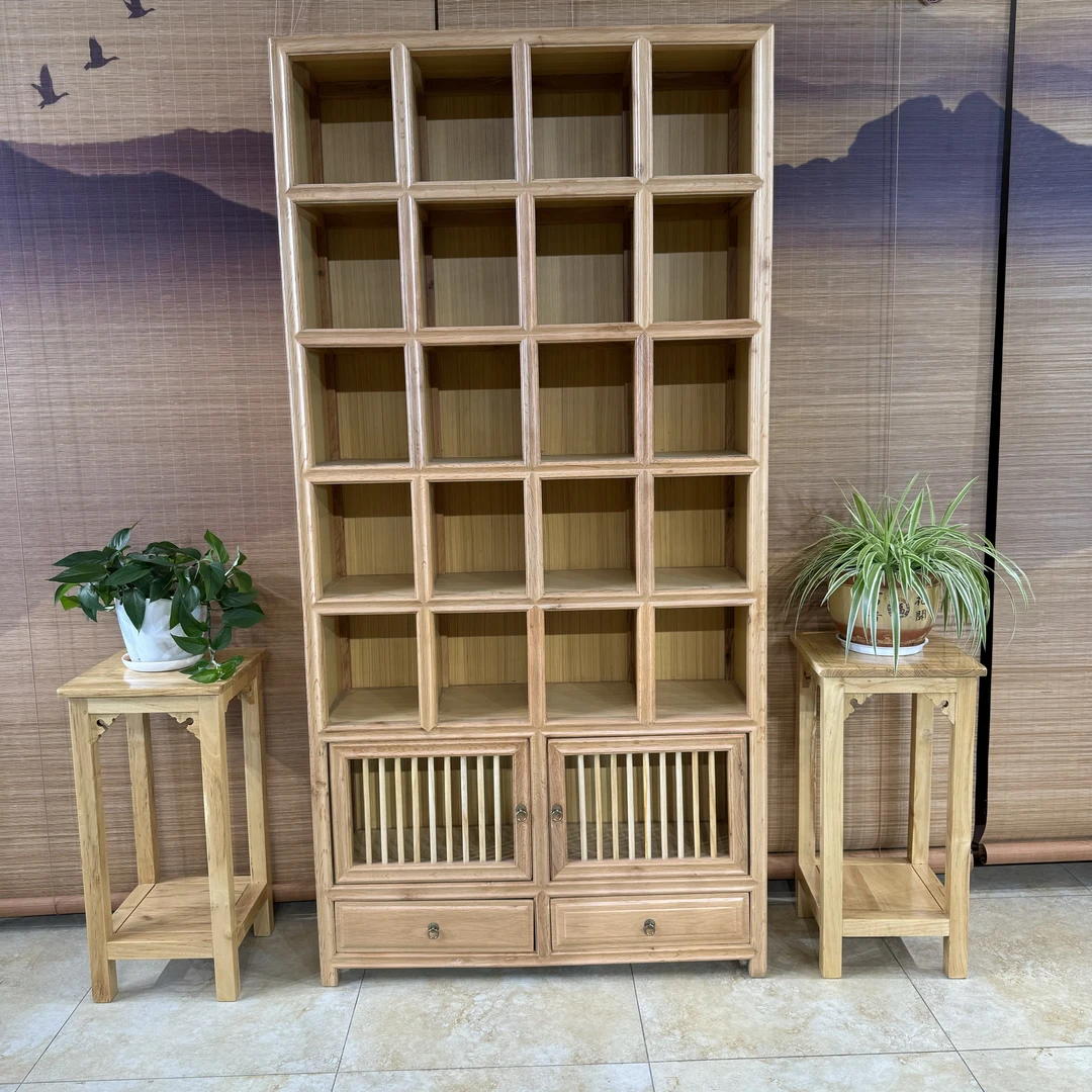 桤木实木本色博古架格子柜带灯20格