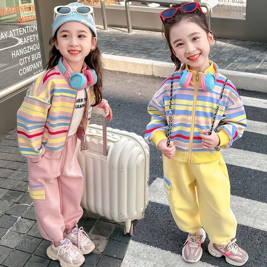 【工厂直销】女童套装春秋彩虹条纹运动外套两件套潮