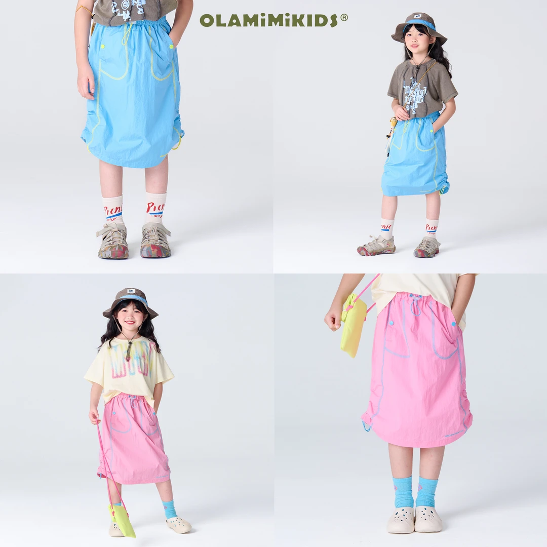 OLAMIMI定制 夏季夏日亲子两色明线糖果色活力抽绳户外工装半裙