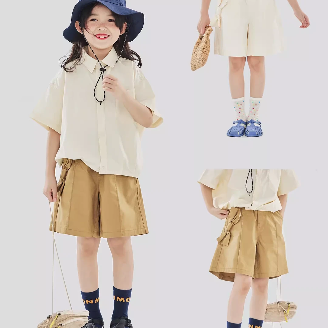 OLAMIMI定制2023夏两色中性设计感斜纹工装肌理纯色蝴蝶结短裤