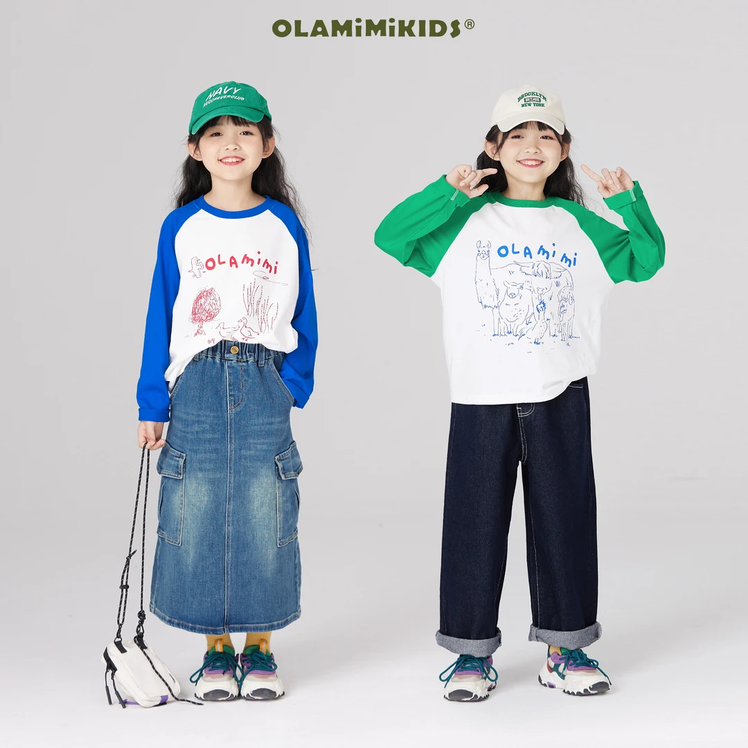 OLAMIMI定制2024亲子时尚两色插肩袖卡通涂鸦趣味撞色长袖T恤休闲