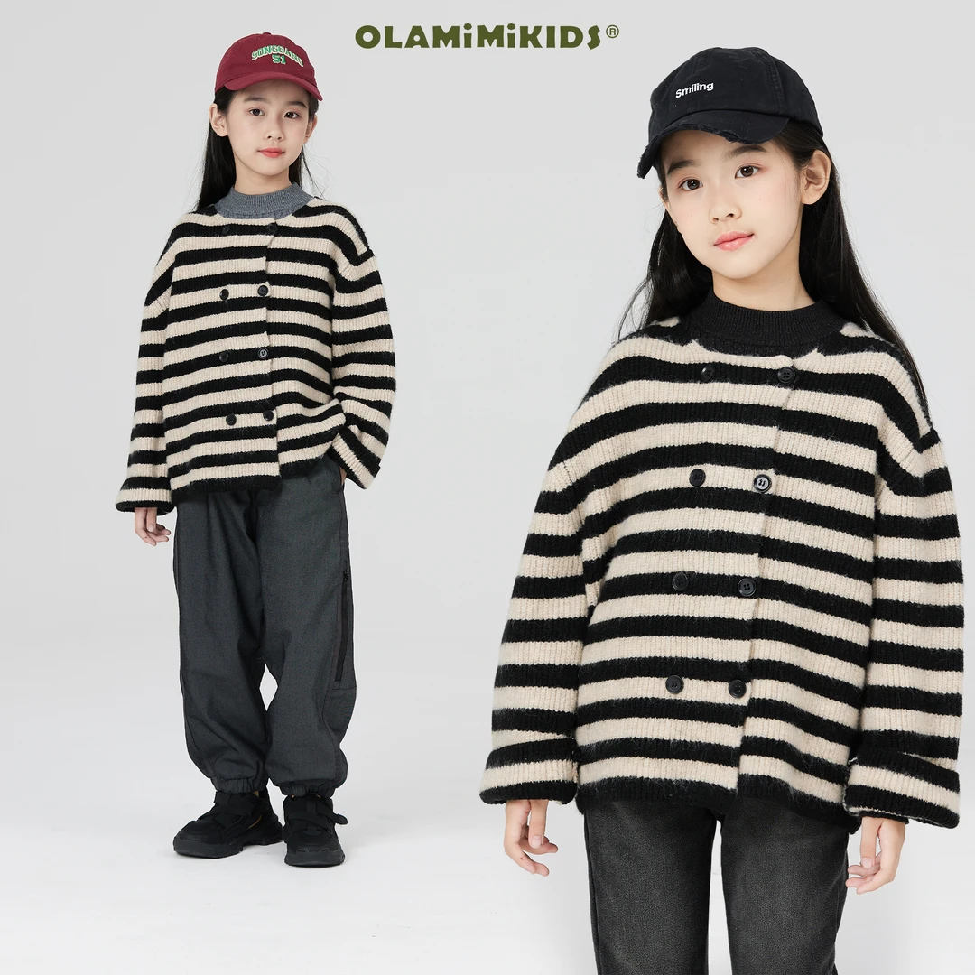 OLAMIMI定制冬季亲子经典韩系百搭条纹双排扣宽松休闲毛衣
