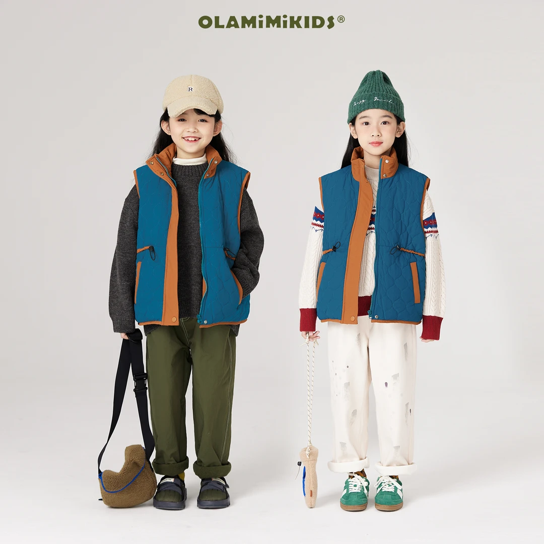 OLAMIMI 231159 冬亲子撞色轻便设计感立领棉服叠搭休闲保暖马甲