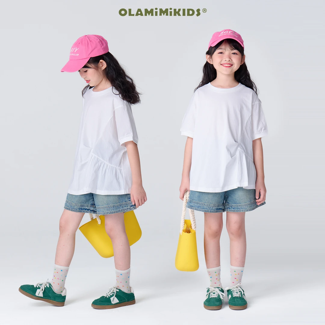 OLAMIMI亲子纯色白T恤夏季新款特色简约拼接宽松休闲百搭日常短袖
