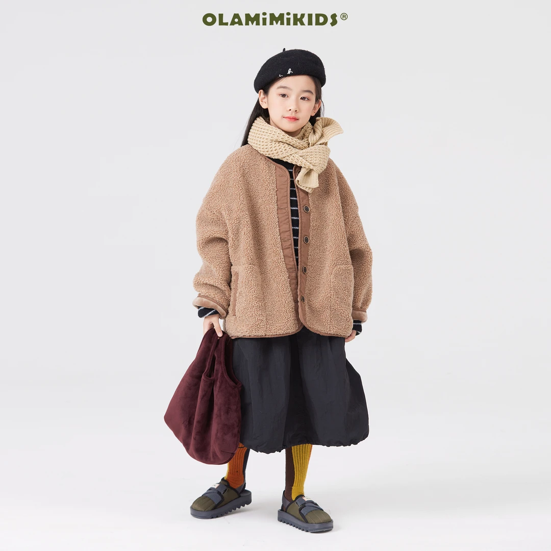 OLAMIMI定制2023冬季儿童冬季简约韩系复古绒绒宽松休闲保暖外套