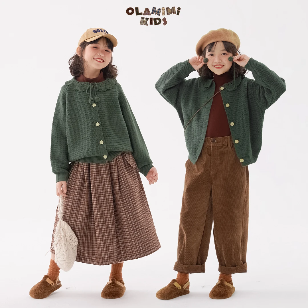 OLAMIMI定制 2024冬 亲子森系少女花边针织可爱娃娃领开衫外套