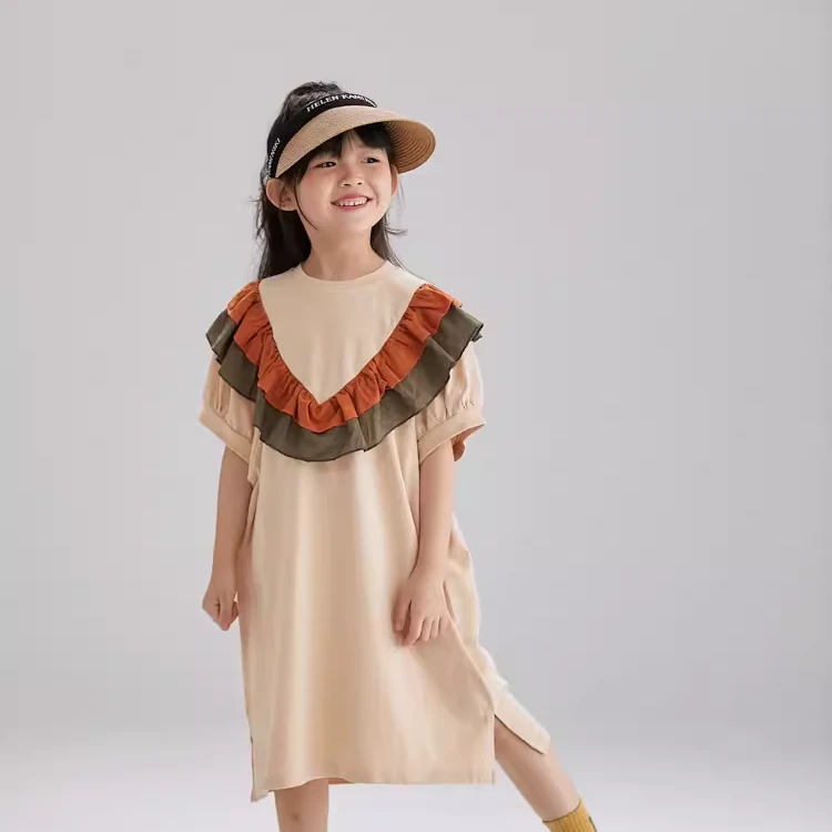 OLAMIMI定制 21280 特⾊拼接荷叶边撞⾊圆领休闲针织连⾐裙亲子