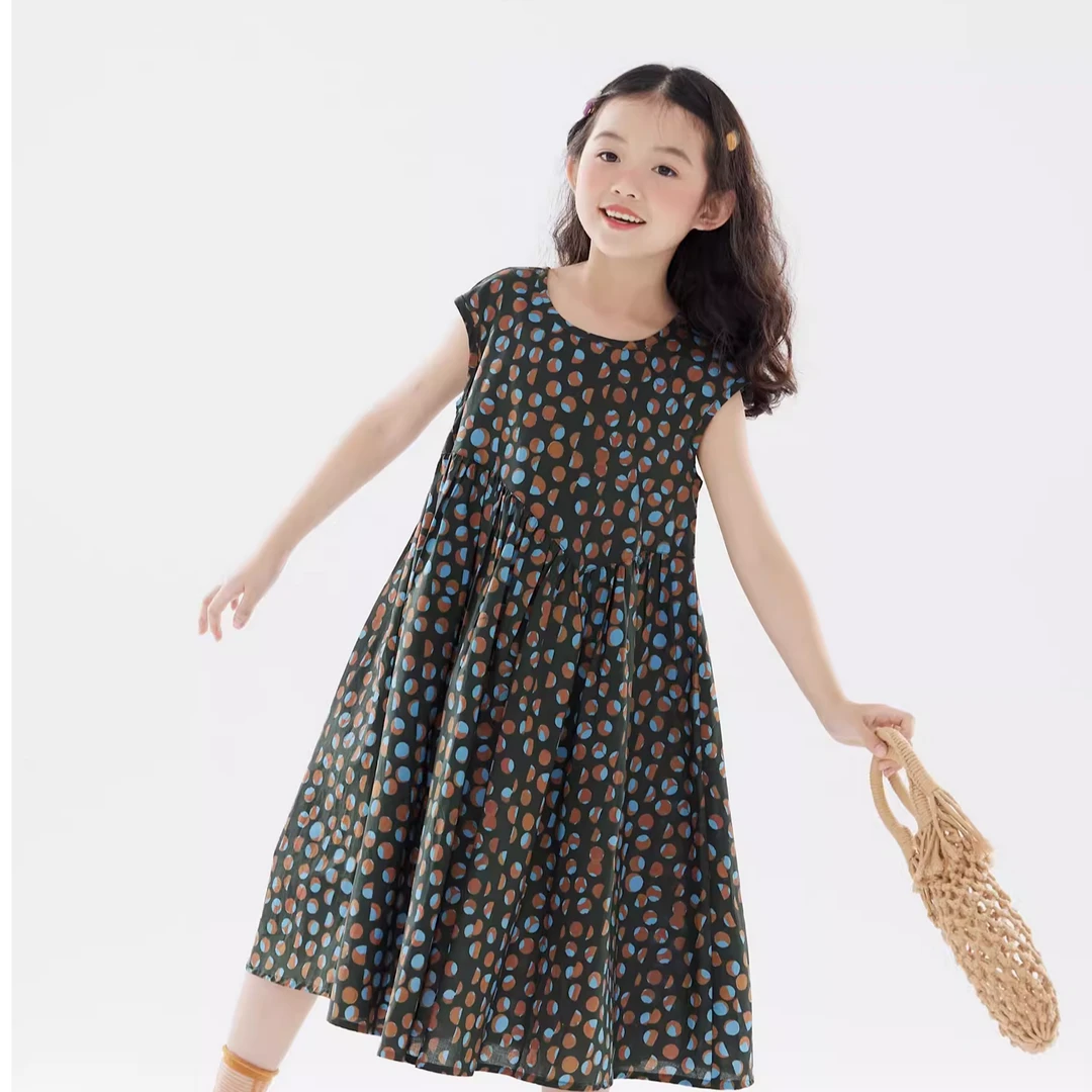 OLAMIMI定制夏 亲子 复古撞色不规则墨绿色波点无袖连衣裙