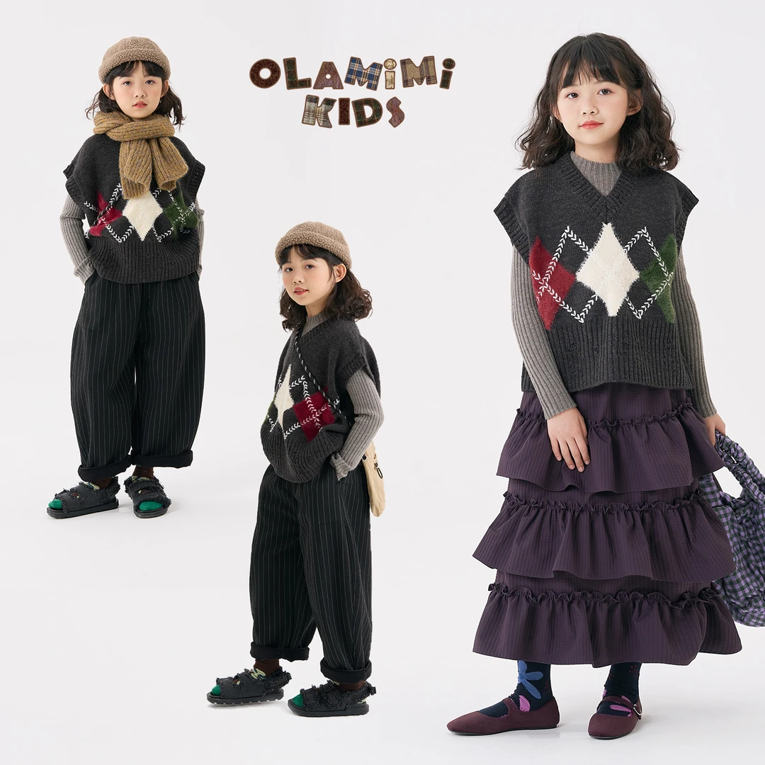 OLAMIMI定制2024冬 亲子复古英伦学院圣诞风V领针织拼色马甲背心