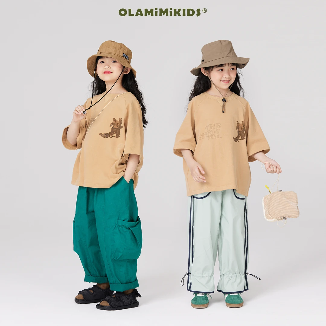 OLAMIMI定制2024亲子中性趣味卡通印花宽松休闲插肩袖短袖T恤