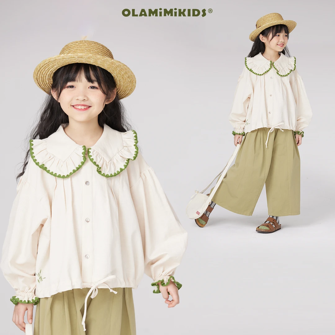 OLAMIMI定制春秋甜美可爱森系立体刺绣大花领休闲宽松儿童衬衫
