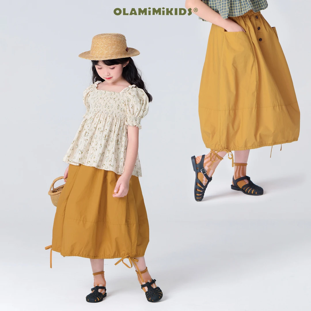 OLAMIMI 定制 2024 夏 亲子纯色休闲口袋排扣抽绳中长款工装半裙