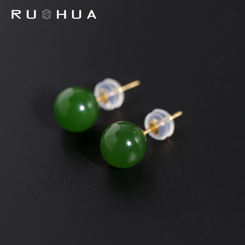 镶嵌正圆菠菜绿天然和田玉碧玉圆珠耳钉女款玉石耳环耳饰礼物精致