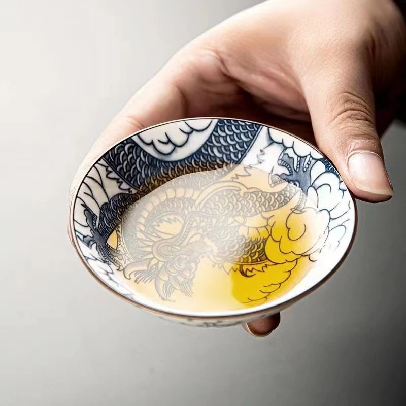 青花斗笠杯茶杯陶瓷杯家用功夫茶杯主人杯茶杯单个小杯子杯架茶具