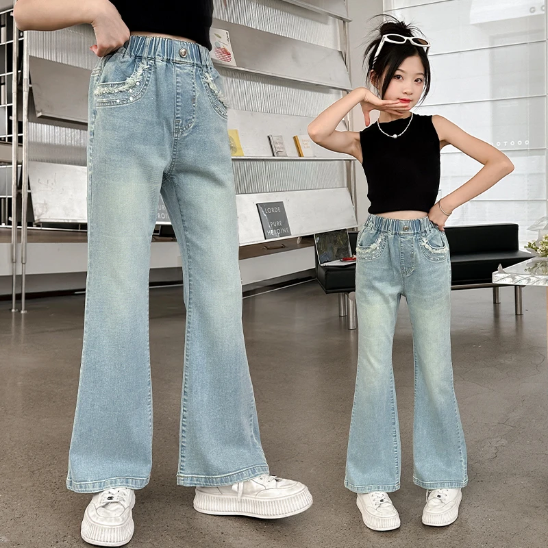 女童裤子2024新款夏装网红儿童中大童韩版弹力夏季薄款牛仔喇叭裤