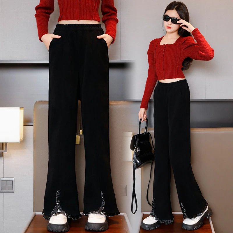 女童裤子春秋新款洋气儿童黑色雪尼尔阔腿裤中大童女孩秋装直筒裤