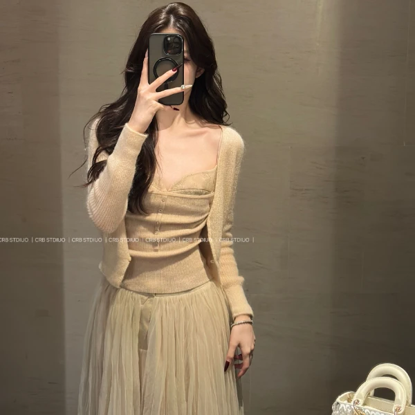 【春日部】百搭v领开衫＋灵动仙仙纱裙套装0476