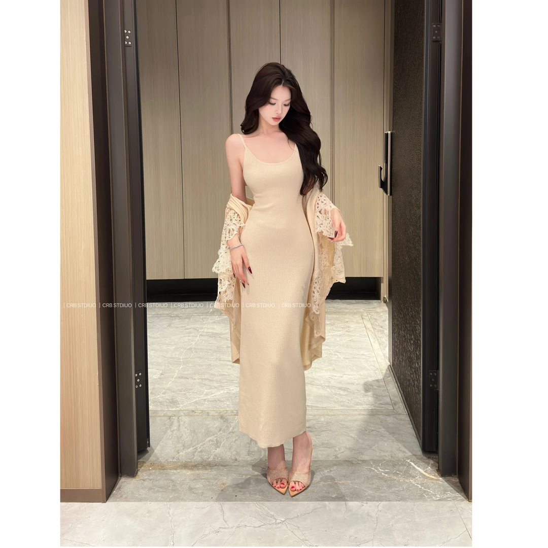 【春日部】定制刺绣蕾丝披肩+吊带针织连衣裙套装0465