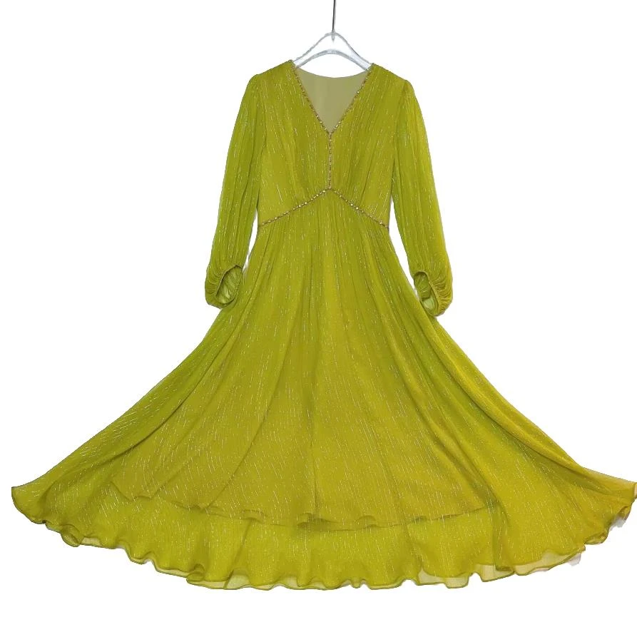 妍姐真丝新款时尚宽松高端走秀气质夏季优雅真丝连衣裙绿色23209