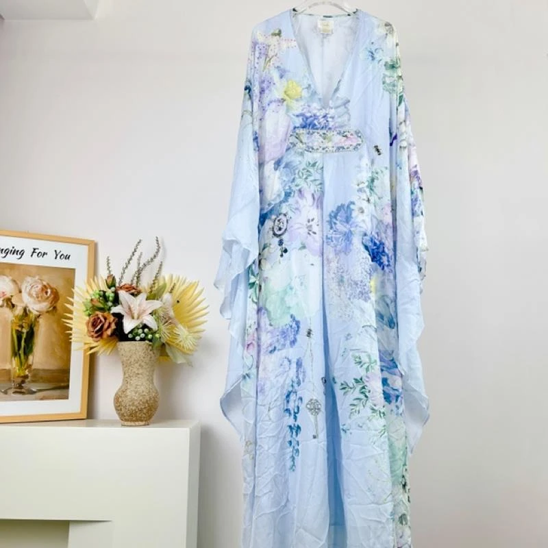 2025春夏新款碎花V领修身高端气质走秀印花真丝连衣裙花色  F2151