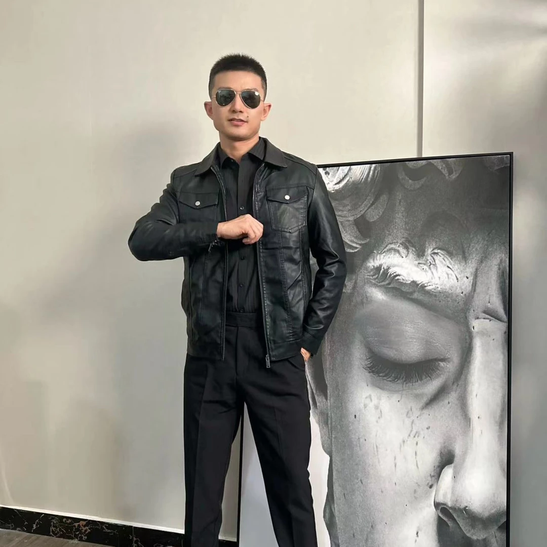 机车皮衣男春秋新款帅气皮夹克外套男韩版潮流立领薄厚款加绒上衣