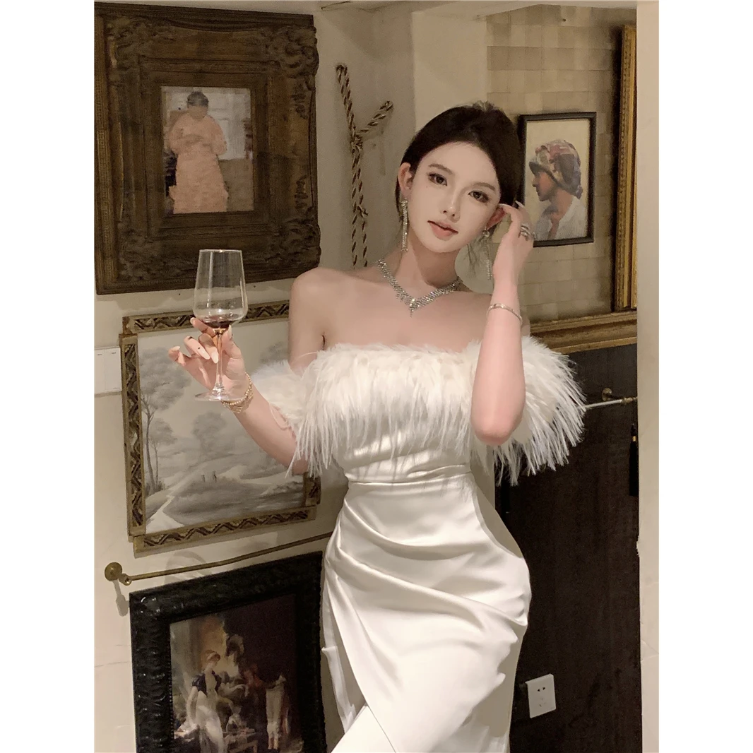 性感气质一字肩白色连衣裙2025年新款女修身显瘦裙子法式打底长裙