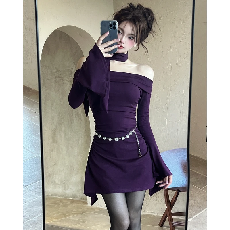 美式小众别致纯欲气质喇叭袖一字肩加厚性感飘带包臀显瘦连衣裙女