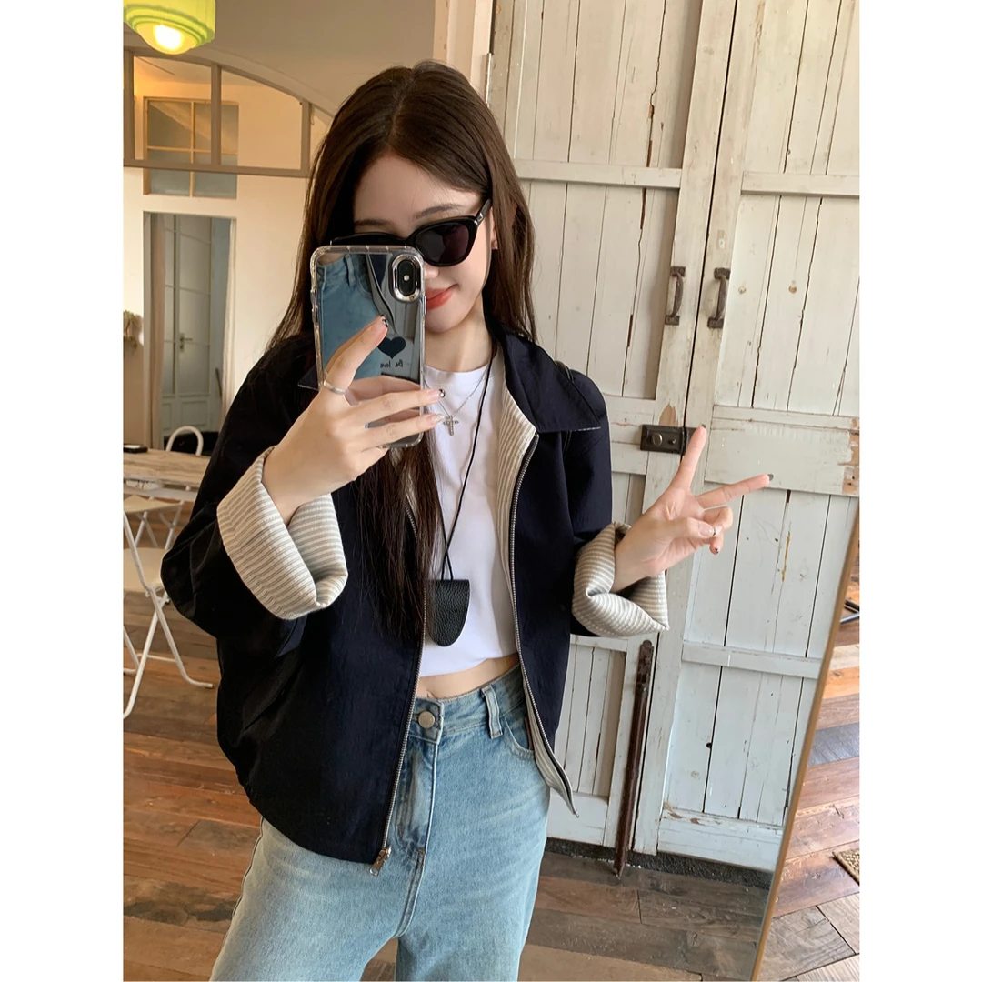 韩系复古气质条纹设计夹克宽松显瘦双面穿长袖外套女秋季百搭开衫