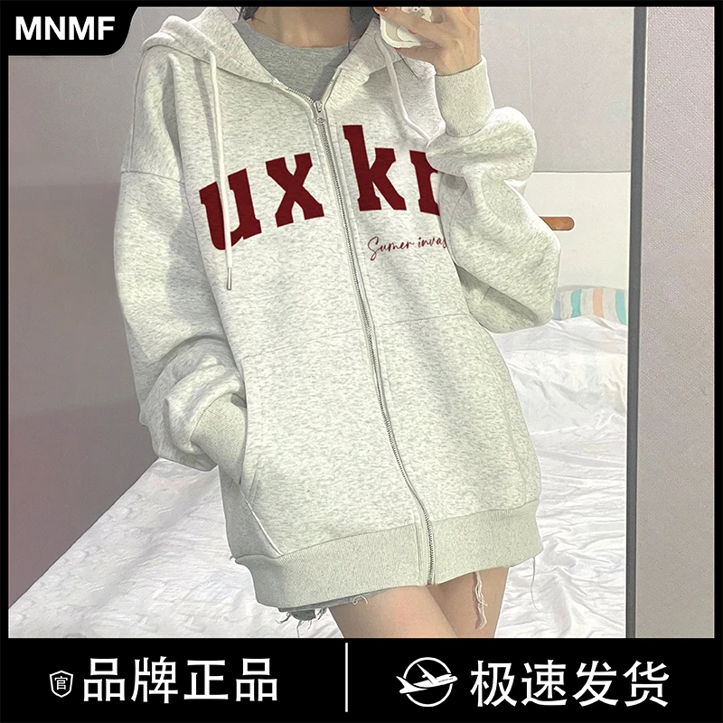 mnmf外套女秋冬2023新款潮牌宽松百搭美式连帽开衫拉链卫衣#T2011