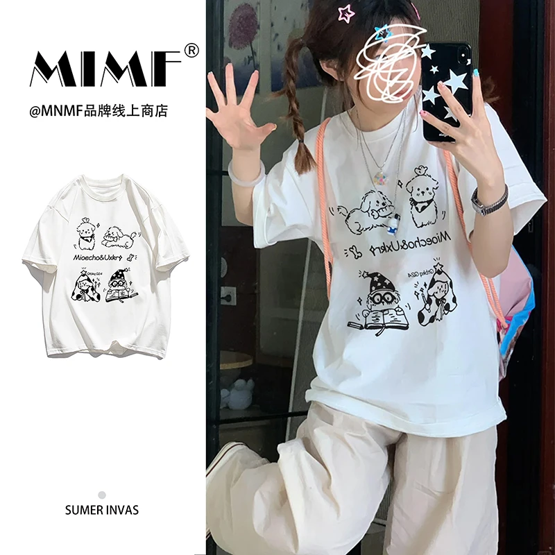 mnmf创意趣味小狗印花短袖韩版手绘涂鸦夏季宽松学生上衣#T010386