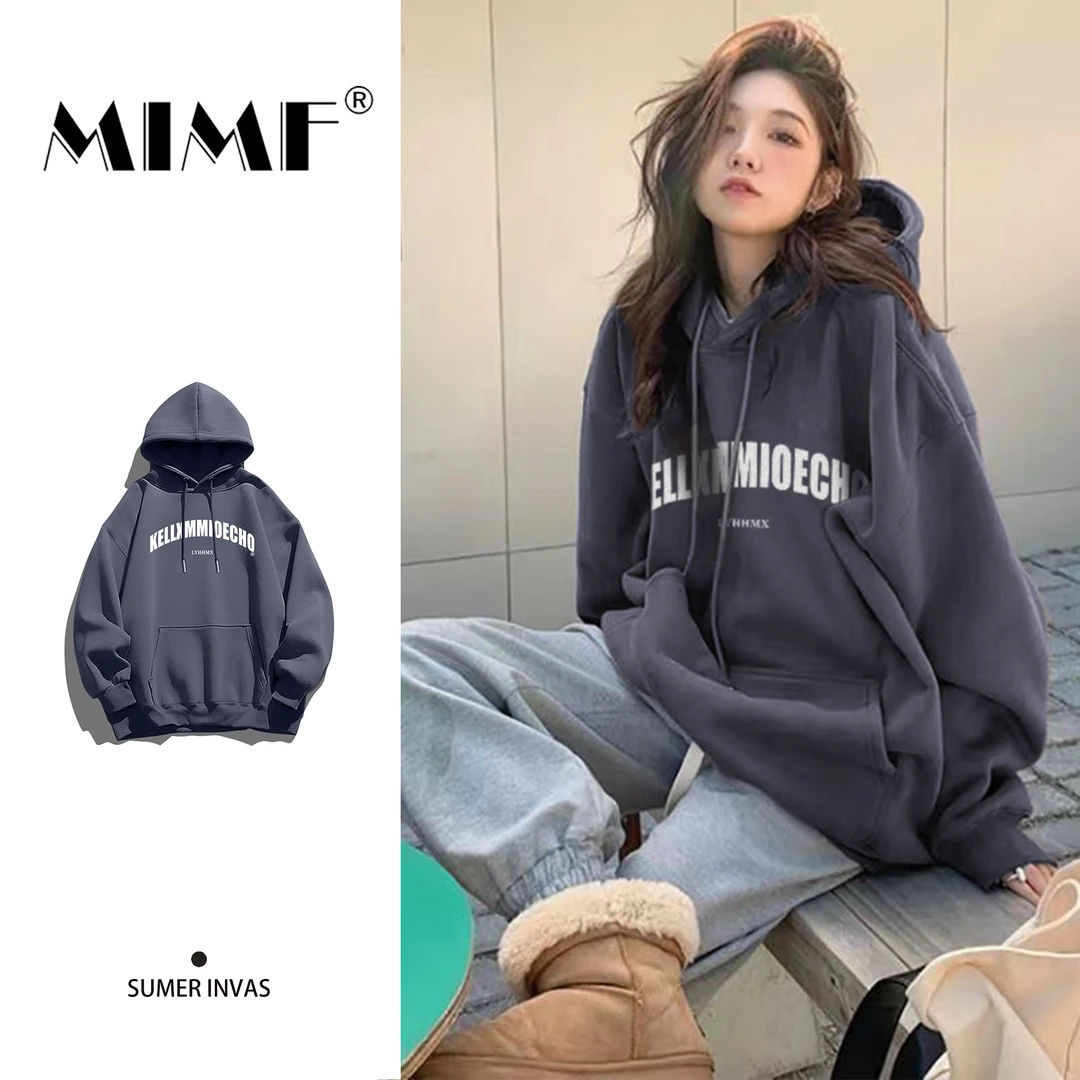 mnmf美式复古重磅加绒连帽卫衣女冬季宽松百搭厚卫衣加绒加厚上衣