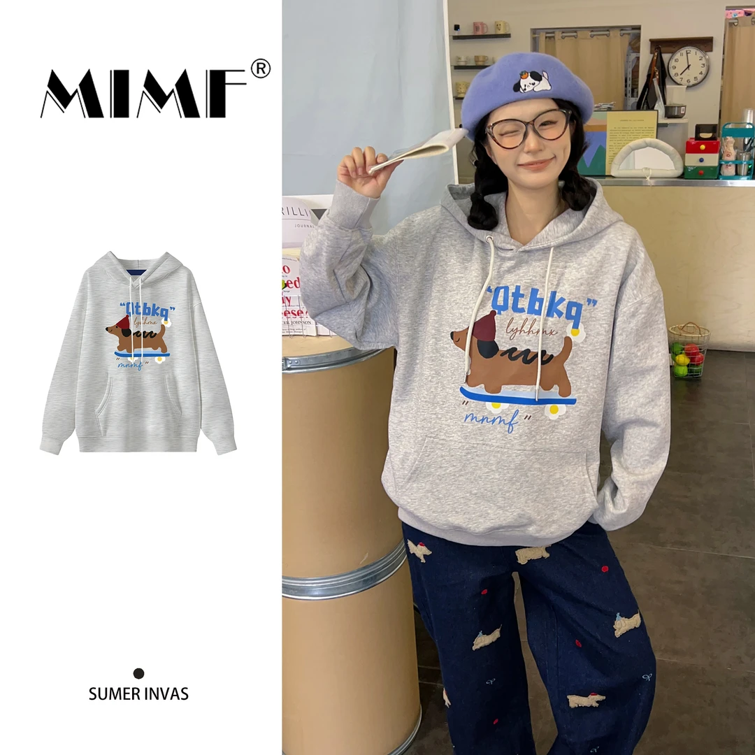 mnmf秋冬季新款美式小狗字母印花重磅连帽卫衣女款宽松长袖外套女