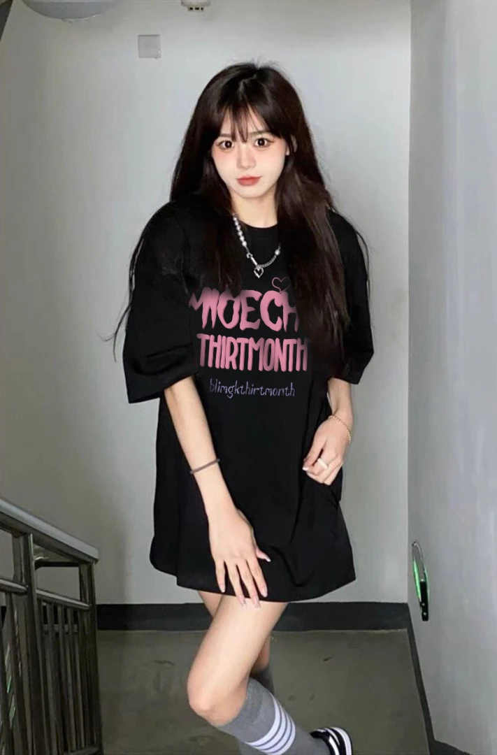 mnmf夏季宽松纯棉打底上衣ins甜酷显瘦黑色短袖T恤男女百搭#T5389