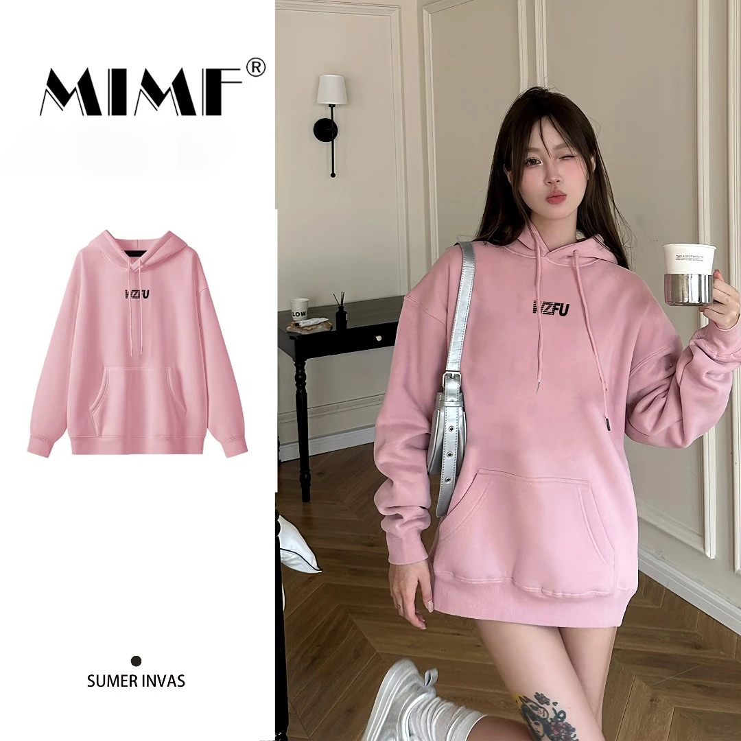 mnmf美式创意字母印花基础百搭纯色多巴胺简约休闲宽松连帽卫衣男