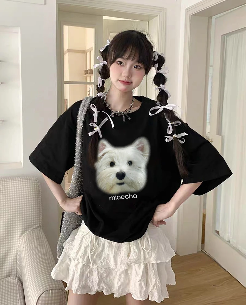 mnmf夏季可爱小狗印花短袖T恤宽松减龄洋气小众高级感女装#T09974