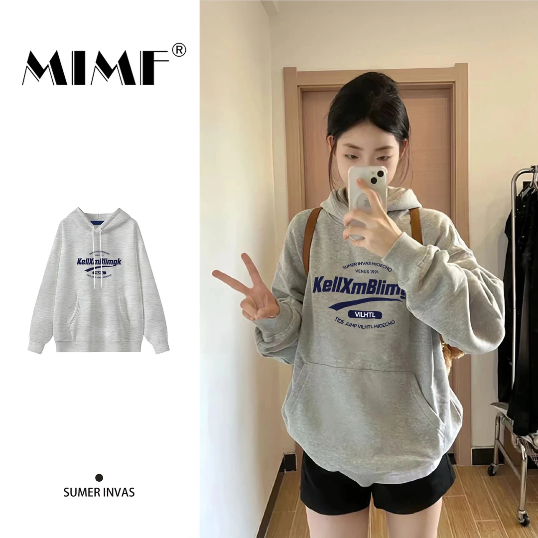 mnmf秋冬字母新款连帽卫衣女冬季美式百搭宽松加绒外套卫衣上衣女