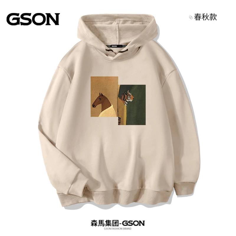 GSON男士卫衣秋冬帽子抽绳卡其色连帽外套男款潮流百搭街头上衣服