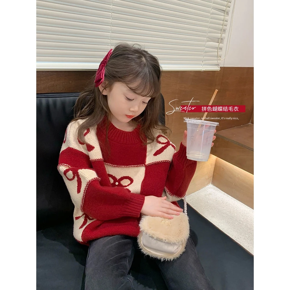 WIZK女童红色毛衣加绒加厚秋冬装新款洋气儿童针织衫童装