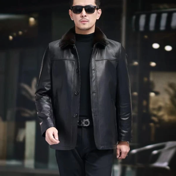 海宁真皮皮衣翻领男士休闲时尚春秋百搭外套 内胆 可拆卸