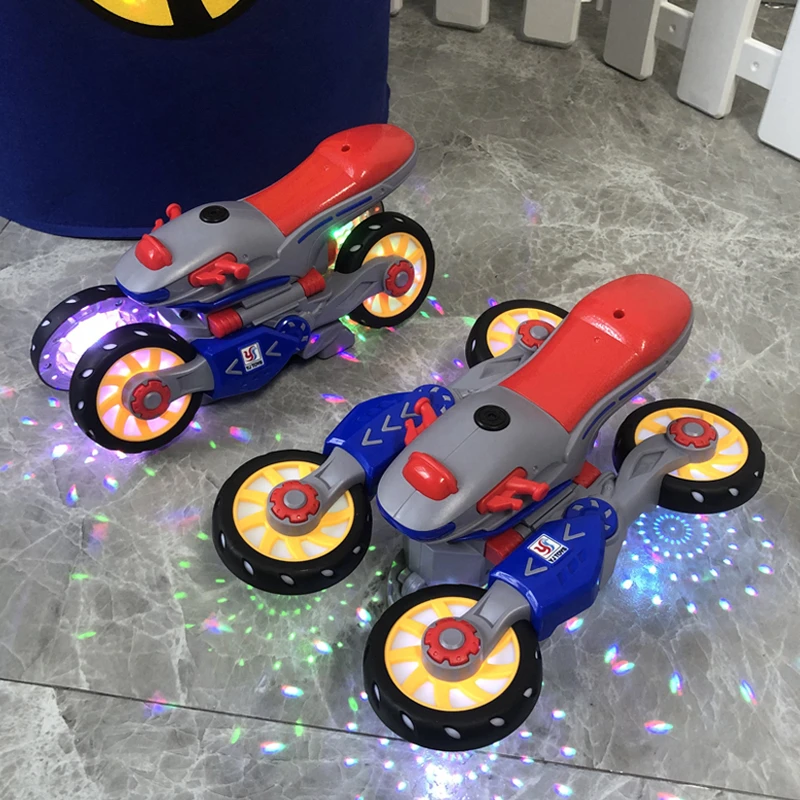 电动变形汽车玩具特技灯光旋转摩托车儿童益智1-2-3周岁孩子礼物