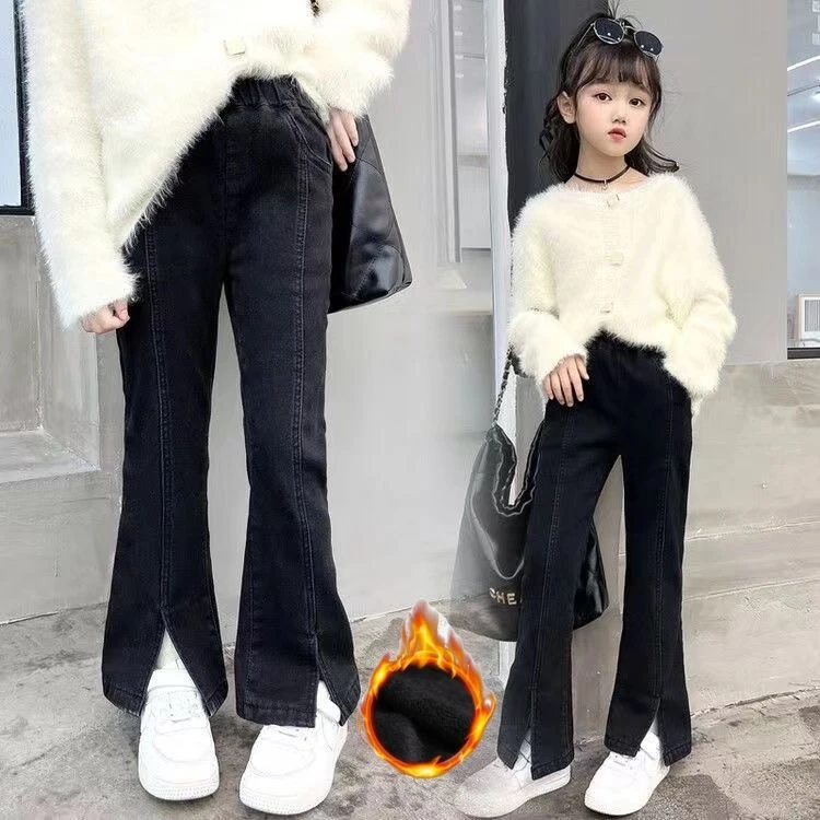 童装女童牛仔裤春秋新款时尚休闲牛仔裤女童修身弹力开衩喇叭裤
